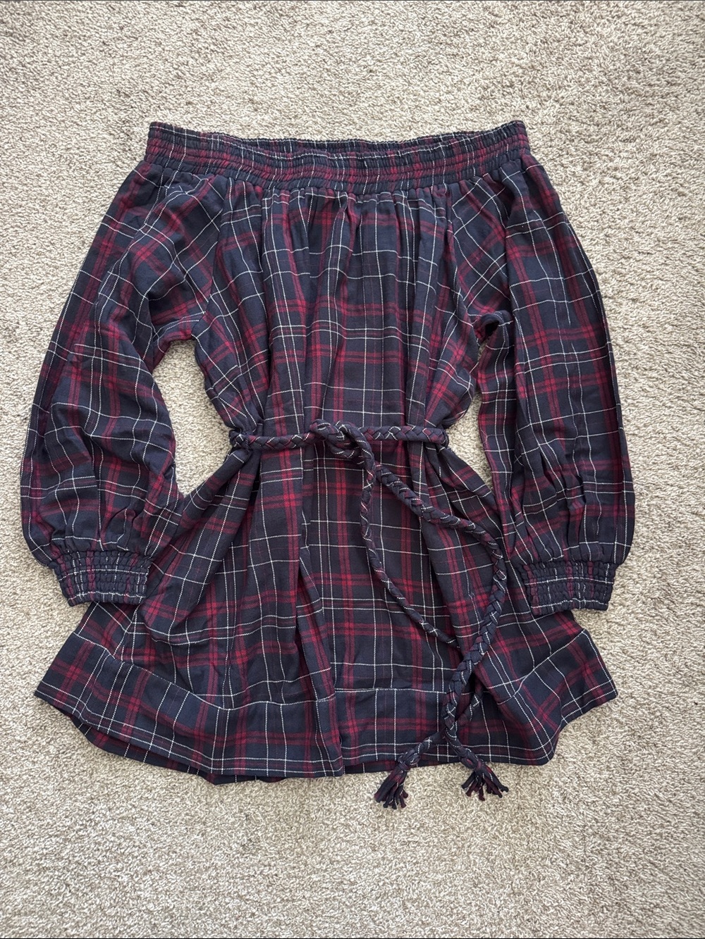 Shore Plaid Off-Shoulder Mini Dress with Braided Tie - Navy & Burgundy